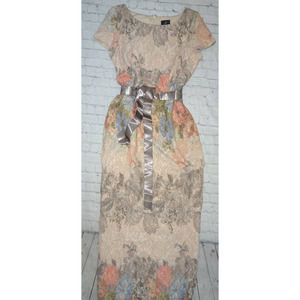 Adrianna Papell Matelasse Column Gown Dress 16, Beige with Ribbon Belt, No tags